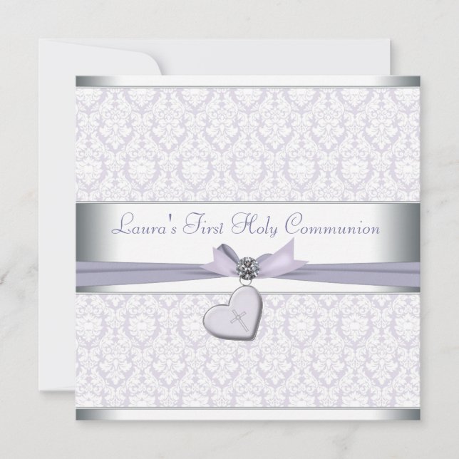 Invitation Lavande Damask Cross Girls Purple First Communion (Devant)