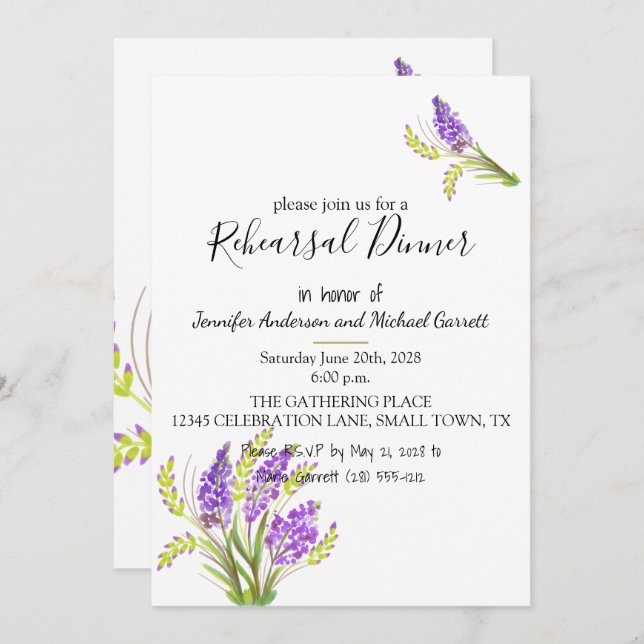 Invitation Lavande d'aquarelle douce et fleurs vertes (Devant / Derrière)