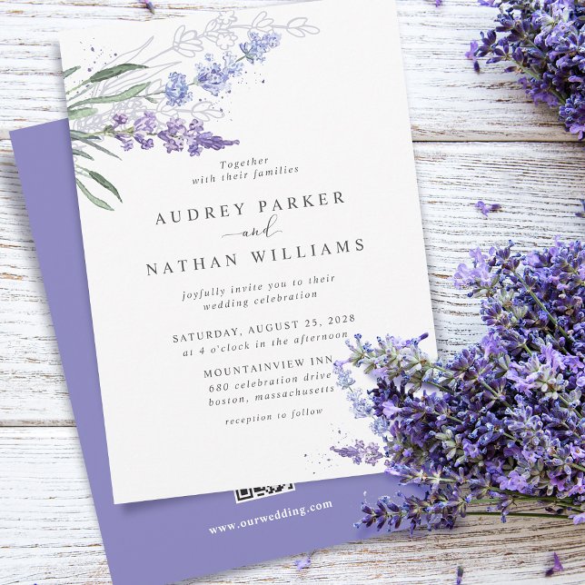 Invitation Lavande d'aquarelle romantique Floral avec code QR (Créateur téléchargé)