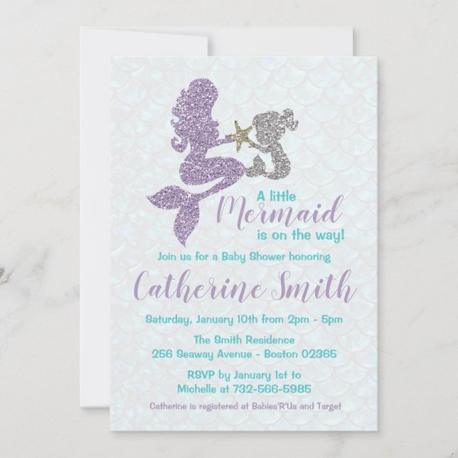 Invitation Lavande d'Baby shower de sirènes et Turquoise (Devant)