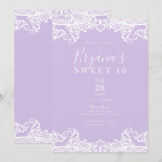 Invitation Lavande & dentelle blanche Élégante Sweet 16 Party (Devant / Derrière)