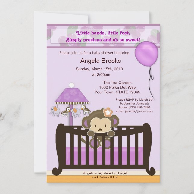 Invitation Lavande d'invitation de Baby shower de singe CJL (Devant)