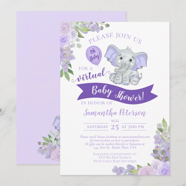 Invitation Lavande Elephant & Floral Baby shower virtuel (Devant / Derrière)