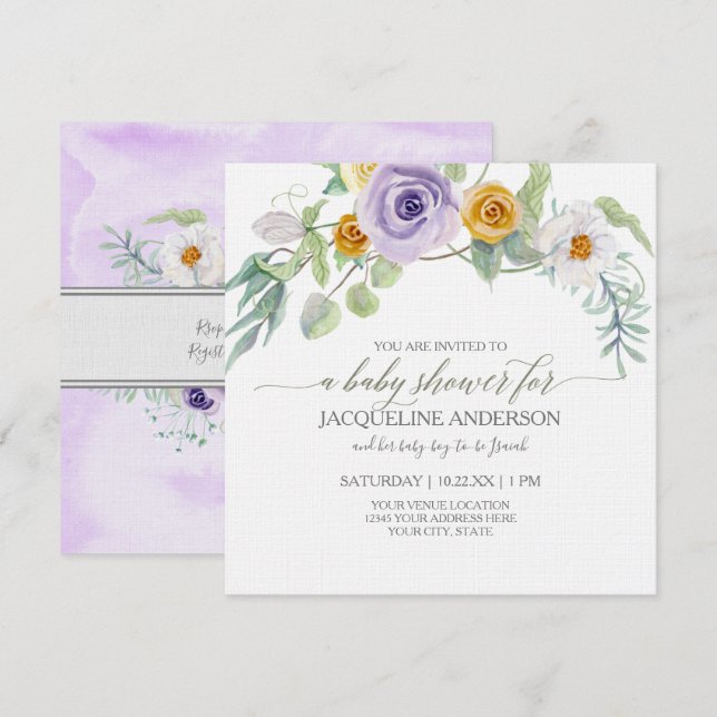 Invitation Lavande en Ambre or Rose Floral Baby shower fille (Devant / Derrière)