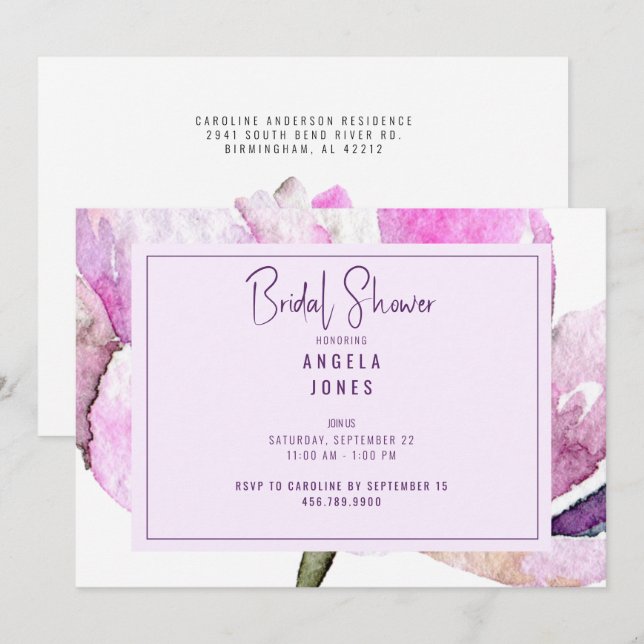 Invitation Lavande et aquarelle rose Floral (Devant / Derrière)
