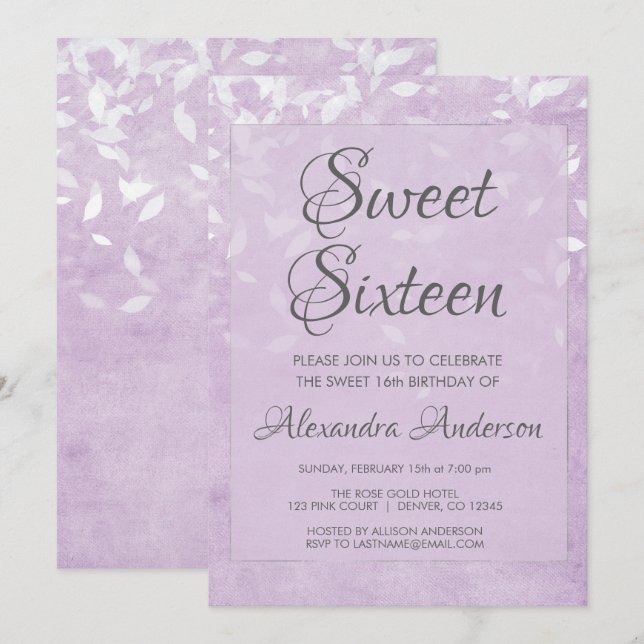 Invitation Lavande et blanc sucré 16 fête d'anniversaire (Devant / Derrière)