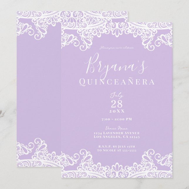 Invitation Lavande et dentelle blanche Elégante Quinceañera P (Devant / Derrière)
