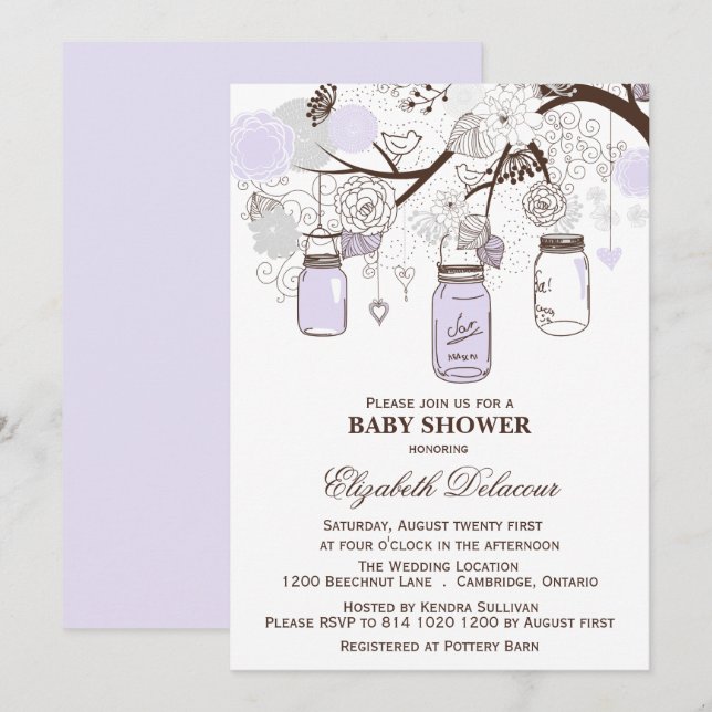 Invitation Lavande et Gris Mason Jarres Baby shower Invitatio (Devant / Derrière)