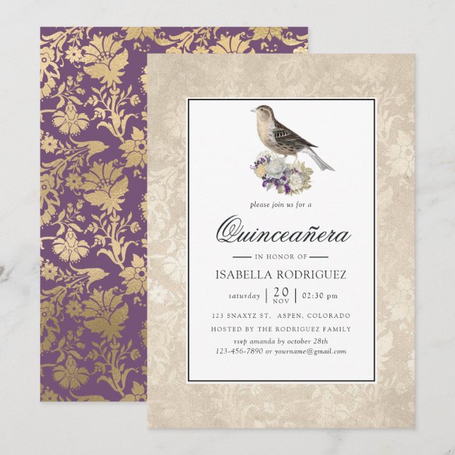 Invitation Lavande et ivoire Vintage Quinceañera (Devant / Derrière)