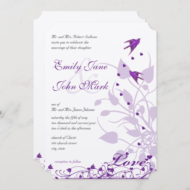 Invitation Lavande et Lilac Plum violet Inséparable Mariage (Devant / Derrière)