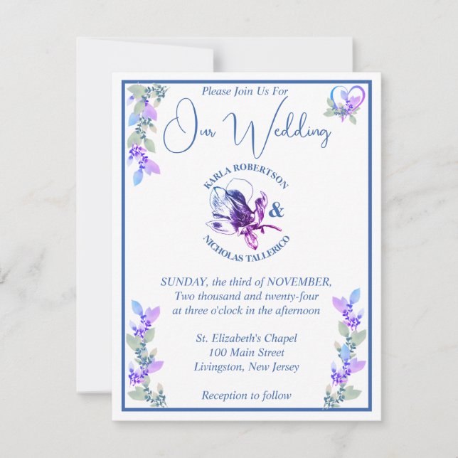 Invitation Lavande et Mariage floral de la teinte bleue (Devant)
