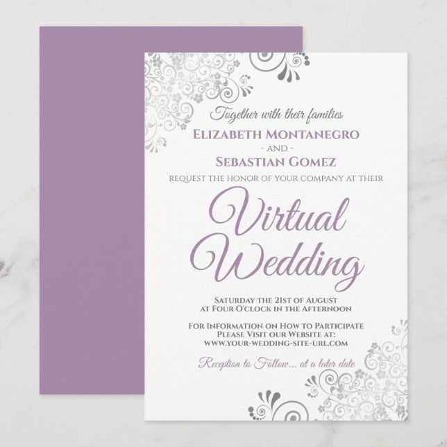 Invitation Lavande et Mariage virtuel blanc Silver Frills (Devant / Derrière)