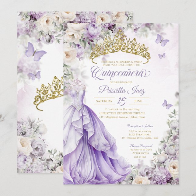 Invitation Lavande et papillon d'or Princesse Quinceañera (Devant / Derrière)