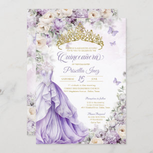 Invitation Lavande et papillon d'or Princesse Quinceañera
