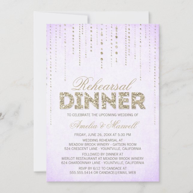 Invitation Lavande et Parties scintillant d'or Regarder Dîner (Devant)