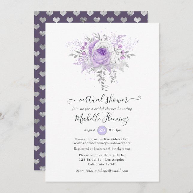 Invitation Lavande et Silver Floral Douche virtuelle (Devant / Derrière)