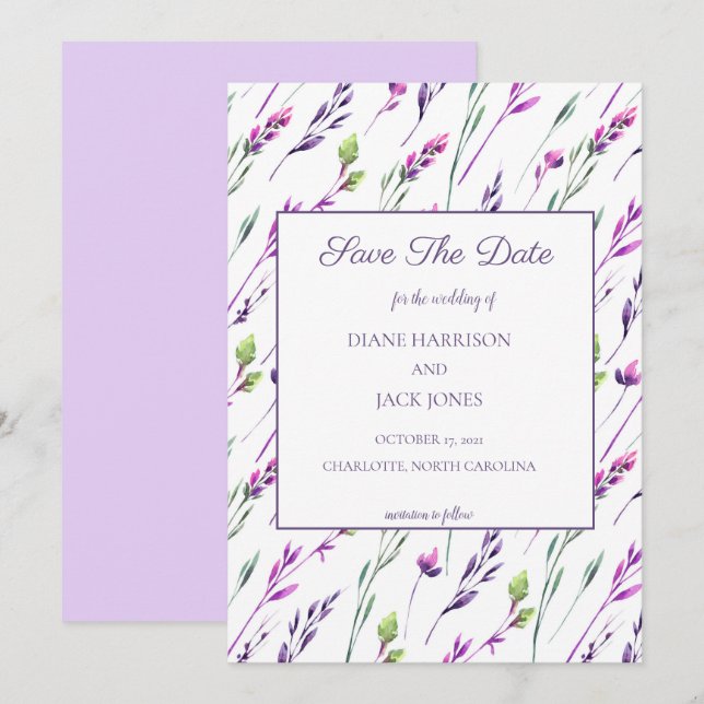 Invitation Lavande et Vert Aquarelle Étape de l'Été Mariage (Devant / Derrière)