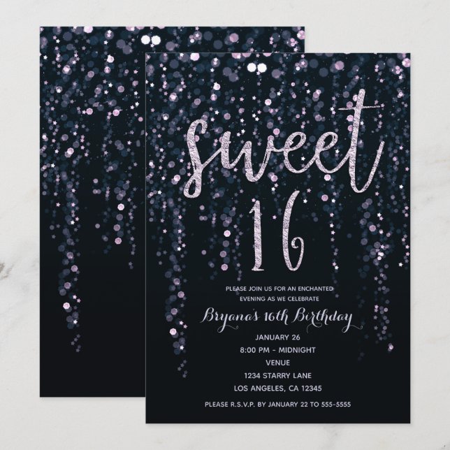 Invitation Lavande Étoile Enchantée Purple Sweet 16 po (Devant / Derrière)
