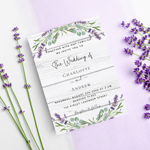 Invitation Lavande eucalyptus mariage en bois blanc
