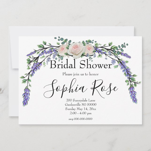 Invitation Lavande Eucalyptus rose roses roses blanches (Devant)