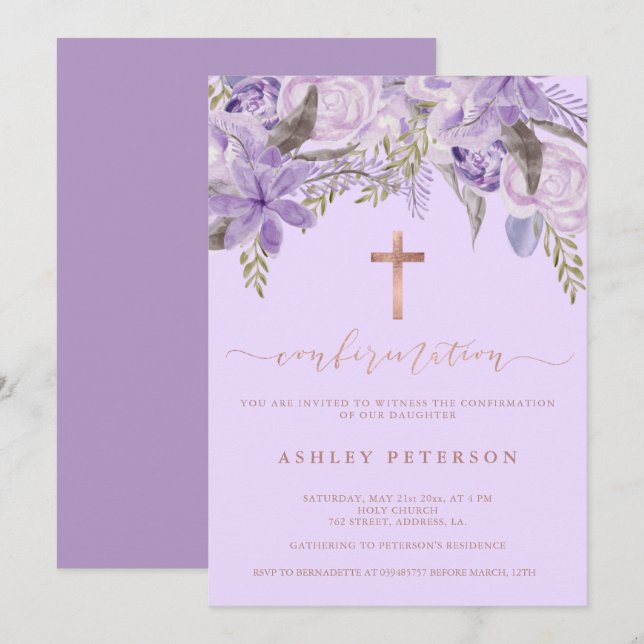 Invitation lavande fleurie aquarelle Rose or confirmation (Devant / Derrière)