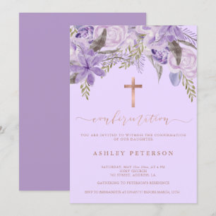 Invitation lavande fleurie aquarelle Rose or confirmation