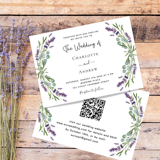 Invitation Lavande fleurit vert code QR RSVP mariage (Créateur téléchargé)