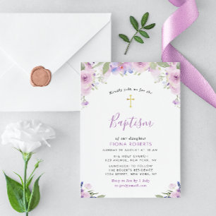 Invitation lavande fleurs violettes baptême