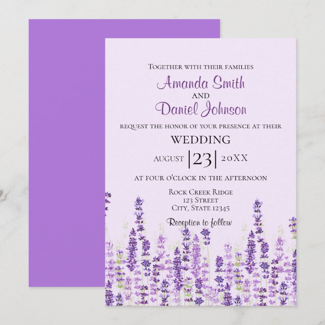 Invitation Lavande Fleurs violettes clair Aquarelle (Devant / Derrière)