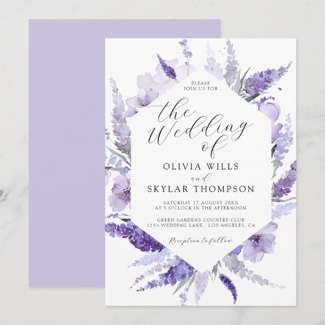 Invitation Lavande Floral Aquarelle Botanique Mariage Boho (Devant / Derrière)