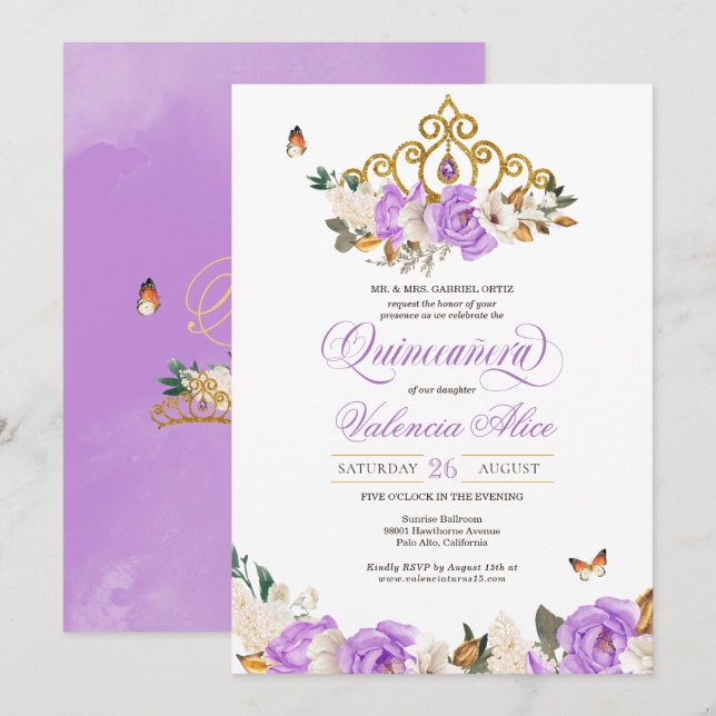 Invitation Lavande Floral Or Tiara Butterfly Quinceanera (Devant / Derrière)