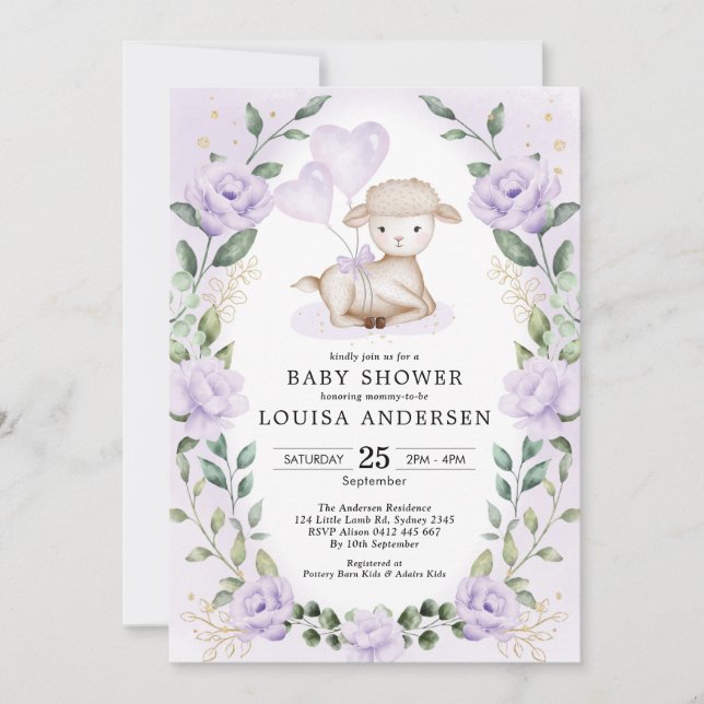 Invitation Lavande Floral Petit Agneau Bébé Mouton Douche (Devant)