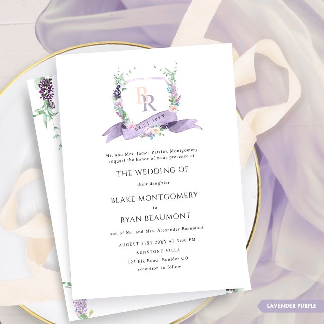 Invitation Lavande Formelle, Violet, Mariage Pastel Monogram (Créateur téléchargé)