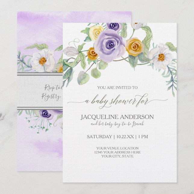 Invitation Lavande Golden Amber Rose Floral Baby shower fille (Devant / Derrière)