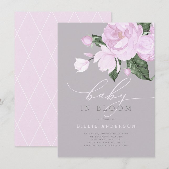 Invitation Lavande Grey Floral Baby Girl in Bloom Douche (Devant / Derrière)