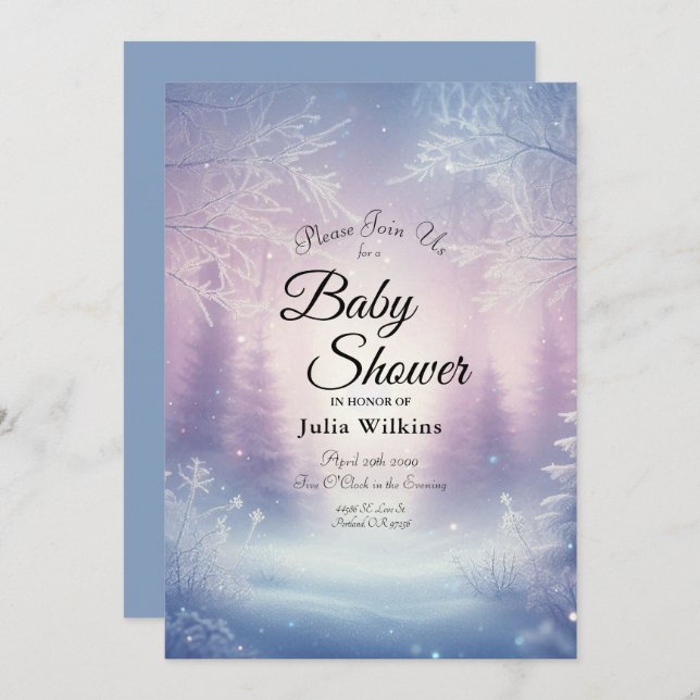 Invitation Lavande Hiver Snowfall Baby shower Serenade (Devant / Derrière)