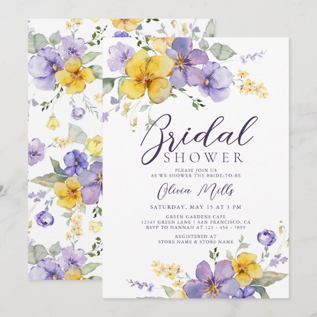 Invitation Lavande jaune Lilac violet Fête des mariées floral (Devant / Derrière)