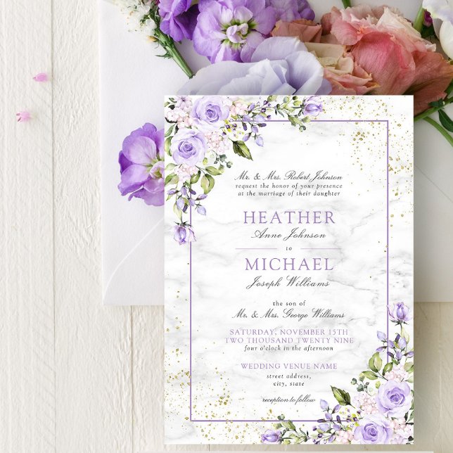 Invitation Lavande Lavande Formelle Marbre Or Mariage Floral  (Créateur téléchargé)