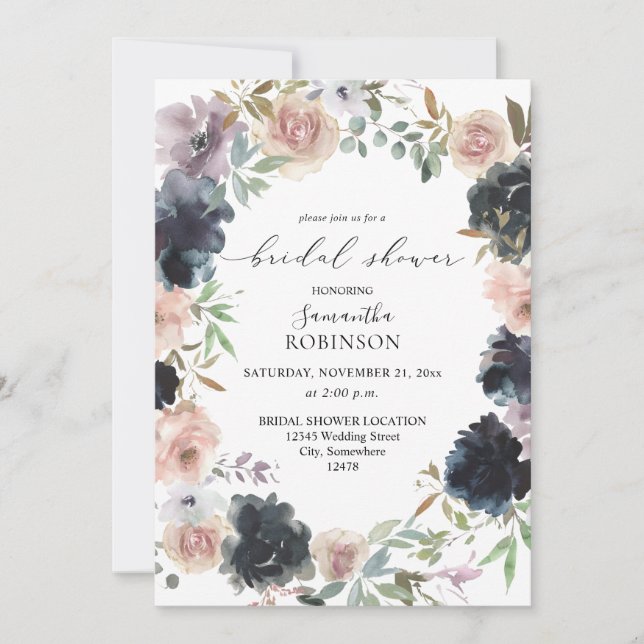 Invitation Lavande, marine et Fête des mariées florale rose (Devant)