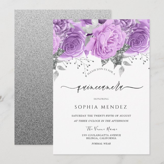 Invitation Lavande mauve Argent floral étincelle Quinceanera (Devant / Derrière)