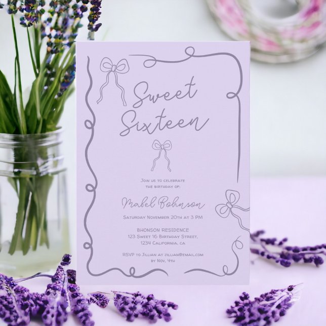 Invitation Lavande mignonette rubans illustrations Sweet 16 (Lavender cute bows ribbons illustrations Sweet 16 Invitation)