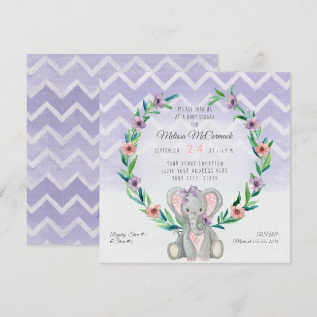 Invitation Lavande mignonne Baby Elephant Wreath Floral Chevr (Devant / Derrière)