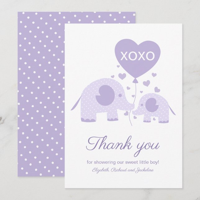 Invitation Lavande mignonne Baby shower éléphant Merci (Devant / Derrière)