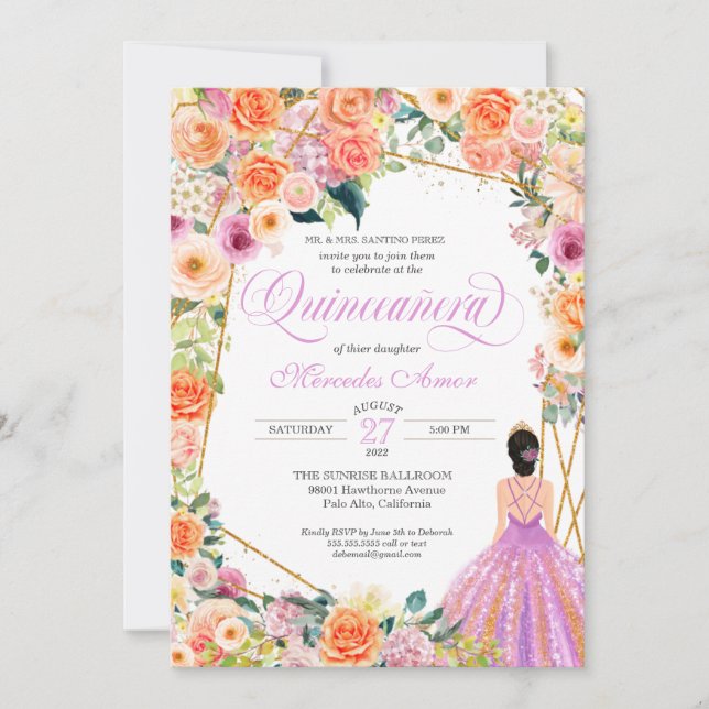 Invitation Lavande Orange Pêche Florale Roses Quinceanera (Devant)