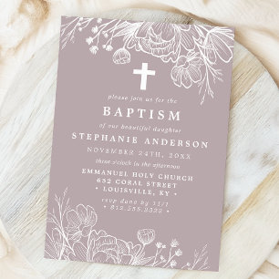 Invitation Lavande poussiéreuse et Baptême floral blanc