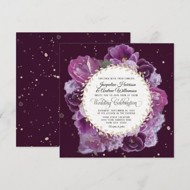 Invitation Lavande profonde Purple Pastels Floraux avec couro (Devant / Derrière)