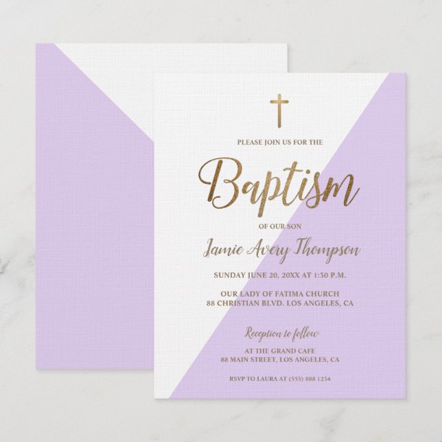 Invitation Lavande Purple Baby Girl Or Baptême moderne Invi (Devant / Derrière)