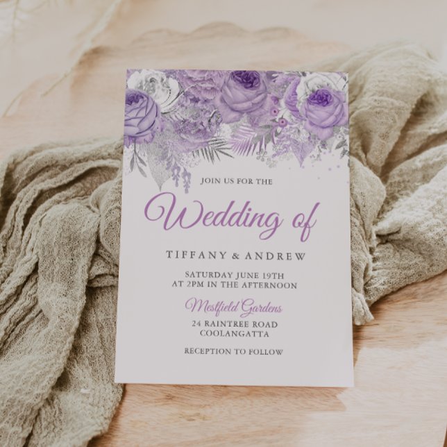 Invitation Lavande Purple Blanc Argent Floral Mariage Invitat (Créateur téléchargé)