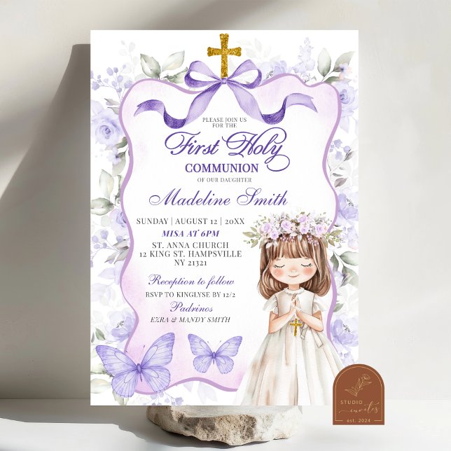Invitation Lavande Purple Bow Coquette Première Sainte Commun (Créateur téléchargé)