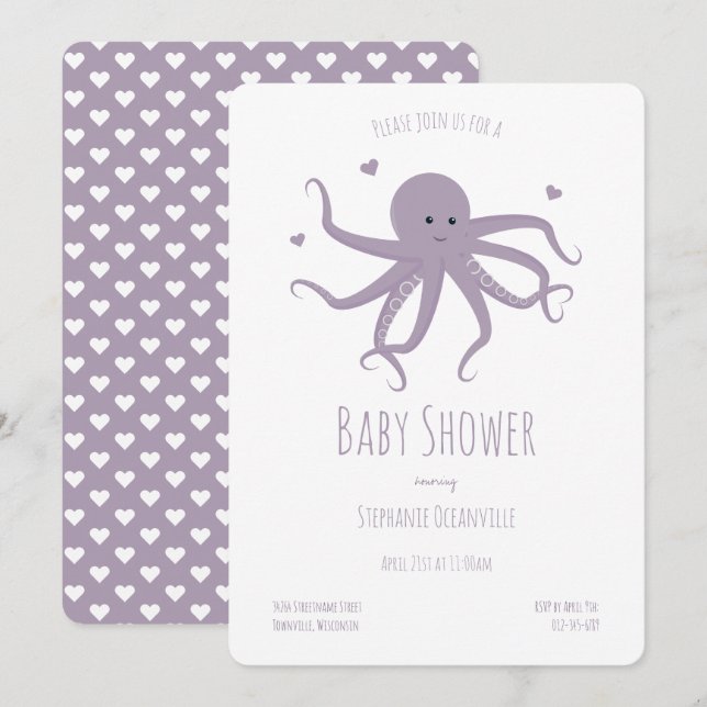 Invitation Lavande Purple Coeurs Octopus Baby shower de dessi (Devant / Derrière)
